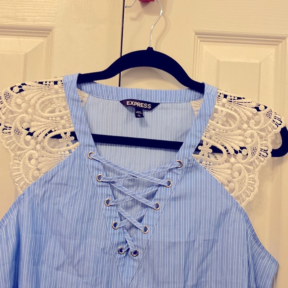 Express size Large blue with white pinstripes lace trim sleeveless summer top - Picture 3 of 5